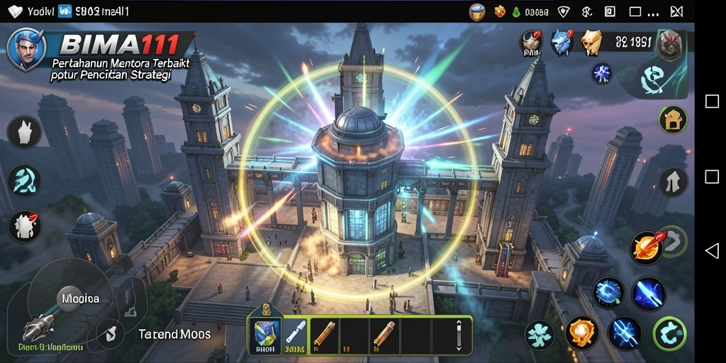 Tampilan gameplay menegangkan di <strong>BIMA11</strong> saat membangun menara untuk bertahan dari serangan musuh.