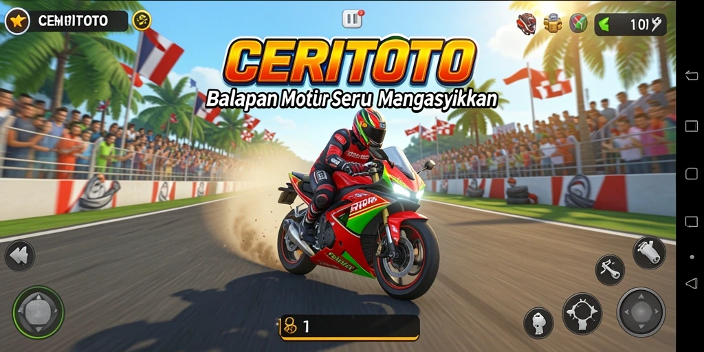 Screenshot CERITOTO menampilkan balapan motor yang mendebarkan di lintasan.