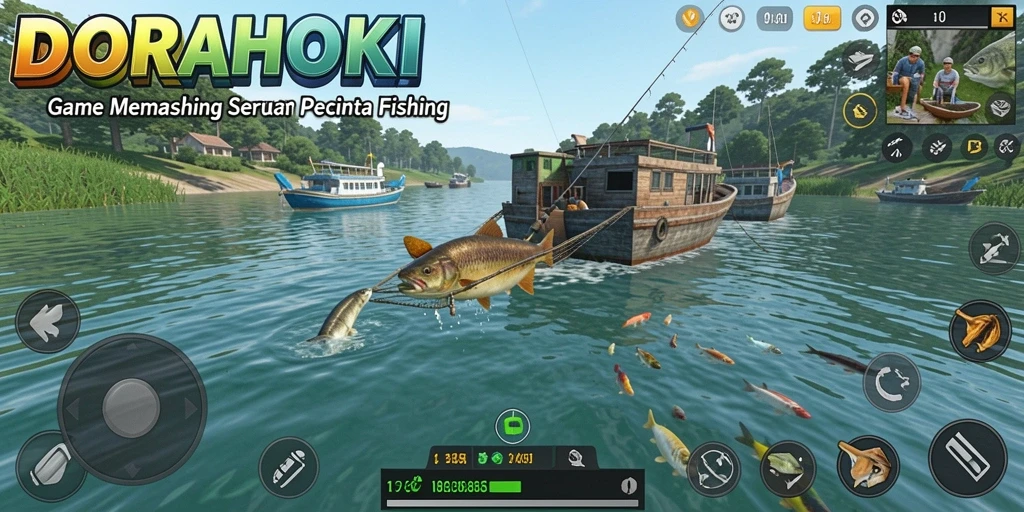 Gameplay DORAHOKI dengan aksi memancing yang seru dan grafis menawan.