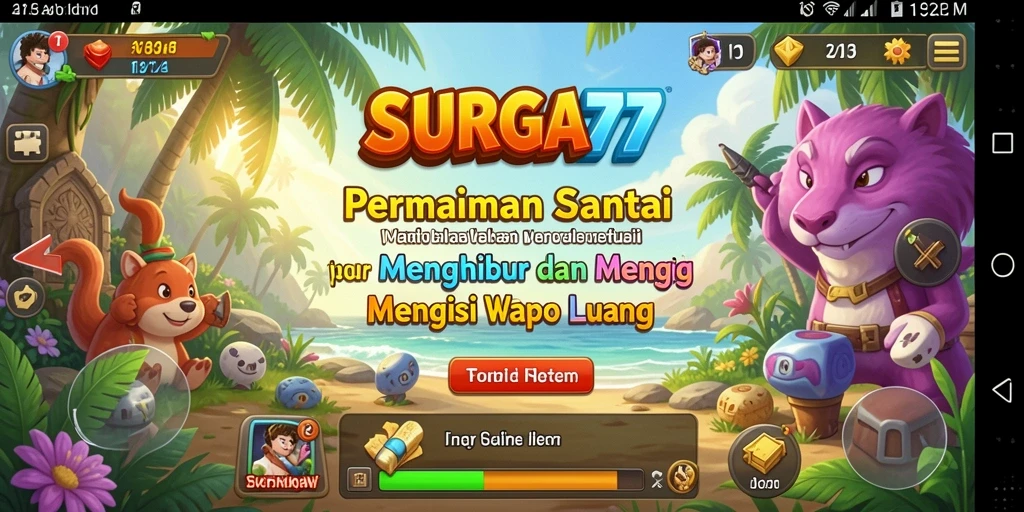 Screenshot gameplay SURGA77 menampilkan karakter lucu dan level yang berwarna-warni.